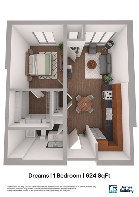 Floor plan for 1 bed, 1 bath, 624 sqft